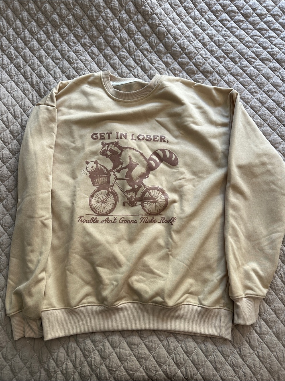 SHEIN Beige Crewneck Sweatshirt with Raccoon Bicycle Graphic